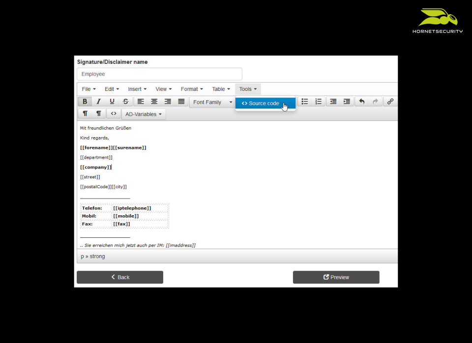 screenshot of Email Signature and Disclaimer